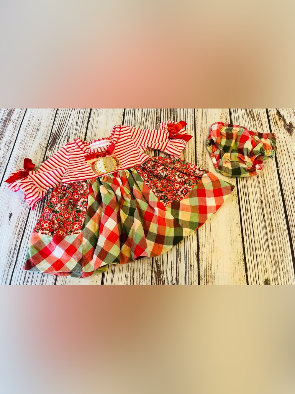 Bonnie Baby Fall Florals Stripes & Checks Pumpkin Dress Set Girl's 0-3 Months